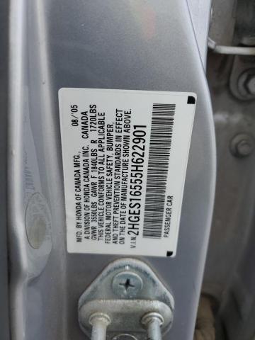 2HGES16555H622901 - 2005 HONDA CIVIC LX SILVER photo 12