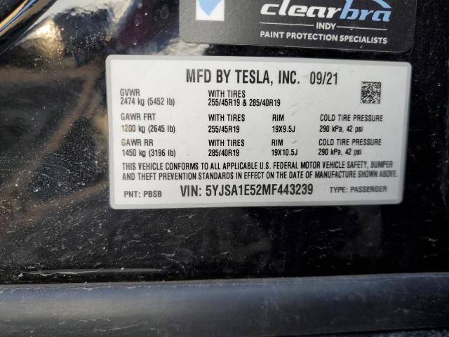 5YJSA1E52MF443239 - 2021 TESLA MODEL S შავი ფოტო 14
