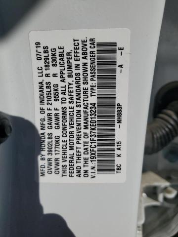 19XFC1F37KE013234 - 2019 HONDA CIVIC EX WHITE photo 12