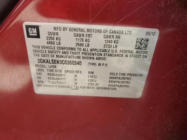 2GKALSEK0C6360340 - 2012 GMC TERRAIN SLE MAROON photo 13