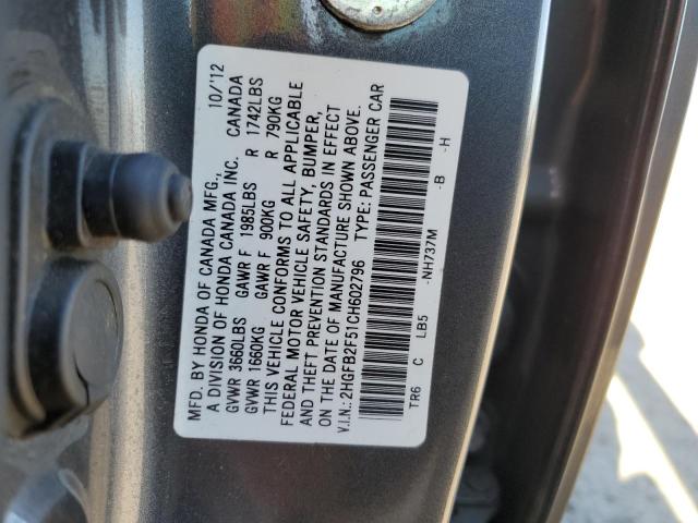 2HGFB2F51CH602796 - 2012 HONDA CIVIC LX GRAY photo 12