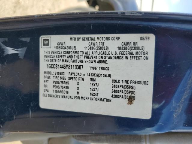 1GCCS1445Y8110307 - 2000 CHEVROLET S TRUCK S10 BLUE photo 12