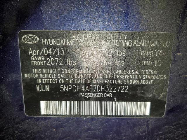 5NPDH4AE7DH322722 - 2013 HYUNDAI ELANTRA GLS BLUE photo 12