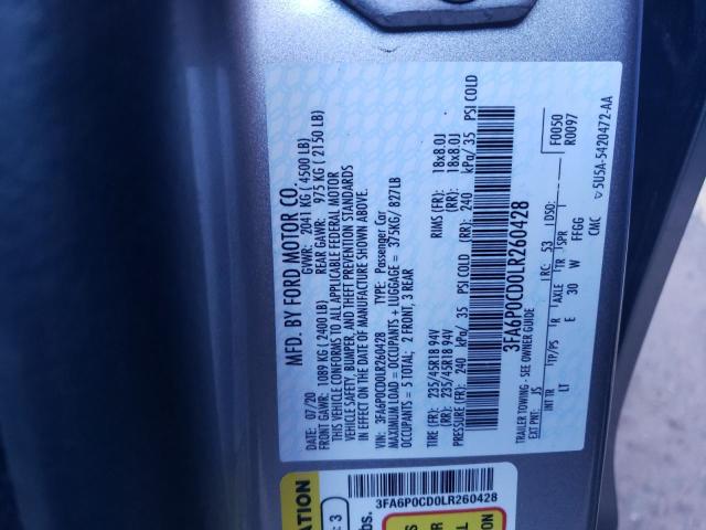 3FA6P0CD0LR260428 - 2020 FORD FUSION SEL GRAY photo 12