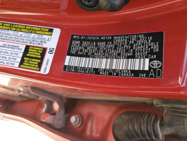 2T1BURHE7GC614867 - 2016 TOYOTA COROLLA L RED photo 12