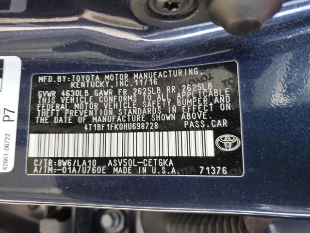 4T1BF1FK0HU698728 - 2017 TOYOTA CAMRY LE BLUE photo 13