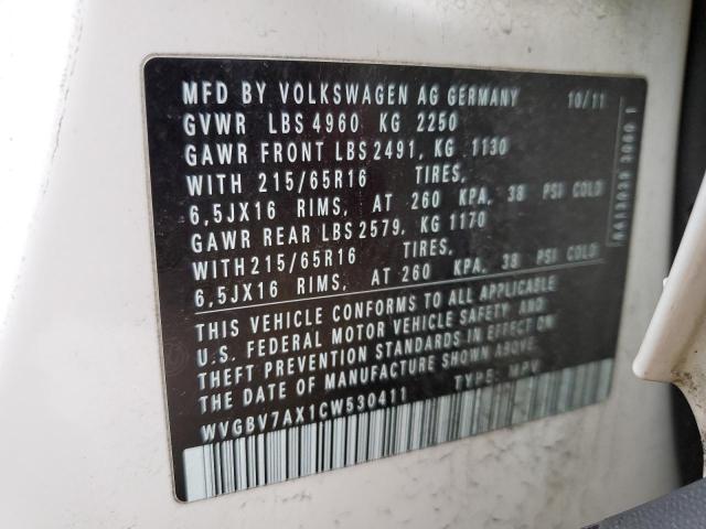 WVGBV7AX1CW530411 - 2012 VOLKSWAGEN TIGUAN S WHITE photo 13