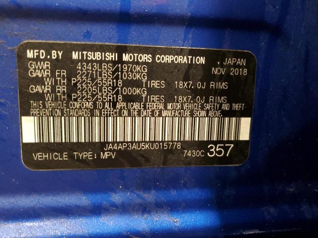 JA4AP3AU5KU015778 - 2019 MITSUBISHI OUTLANDER ES BLUE photo 13