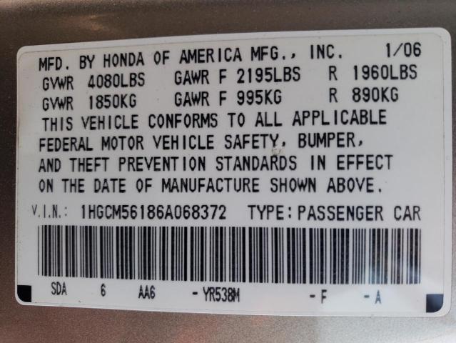 1HGCM56186A068372 - 2006 HONDA ACCORD VALUE GOLD photo 12