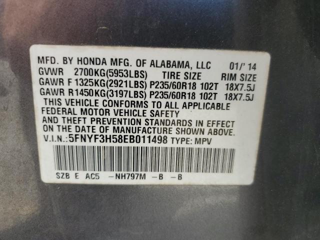 5FNYF3H58EB011498 - 2014 HONDA PILOT EXL GRAY photo 14