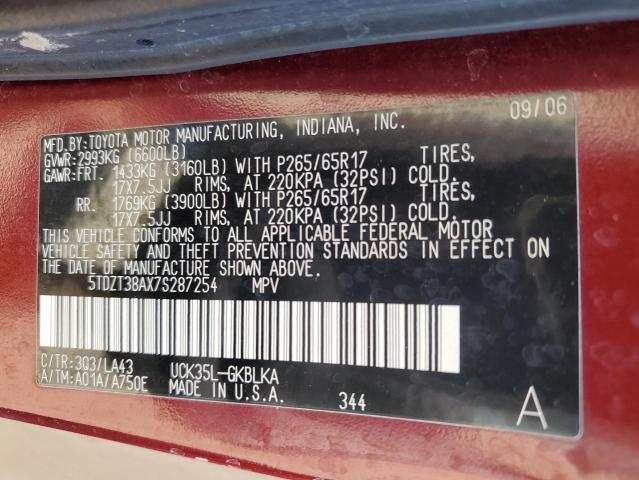 5TDZT38AX7S287254 - 2007 TOYOTA SEQUOIA LIMITED MAROON photo 13