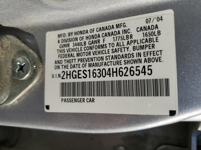 2HGES16304H626545 - 2004 HONDA CIVIC DX VP ვერცხლისფერი ფოტო 12