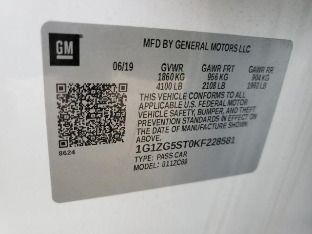 1G1ZG5ST0KF228581 - 2019 CHEVROLET MALIBU RS WHITE photo 12