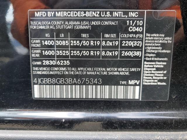 4JGBB8GB3BA675343 - 2011 MERCEDES-BENZ ML 350 4MATIC BLACK photo 14