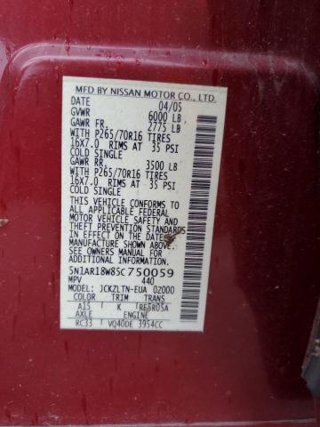 5N1AR18W85C750059 - 2005 NISSAN PATHFINDER LE Բորդո լուսանկար 13