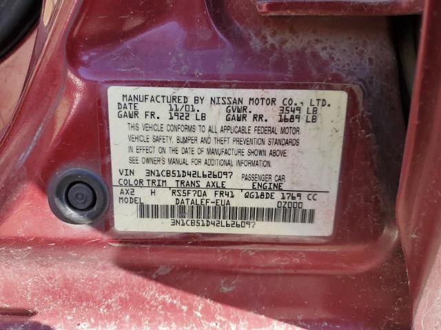 3N1CB51D42L626097 - 2002 NISSAN SENTRA XE RED photo 12