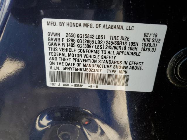 5FNYF6H61JB023707 - 2018 HONDA PILOT EXL BLUE photo 13