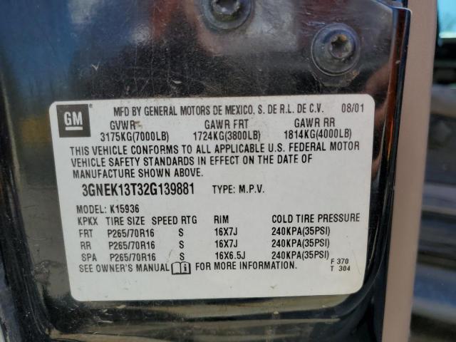 3GNEK13T32G139881 - 2002 CHEVROLET AVALANCHE K1500 BLACK photo 12