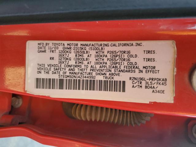 5TEGM92N14Z344992 - 2004 TOYOTA TACOMA DOUBLE CAB PRERUNNER RED photo 12