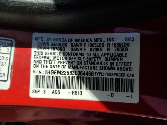 1HGEM22583L064466 - 2003 HONDA CIVIC LX RED photo 13