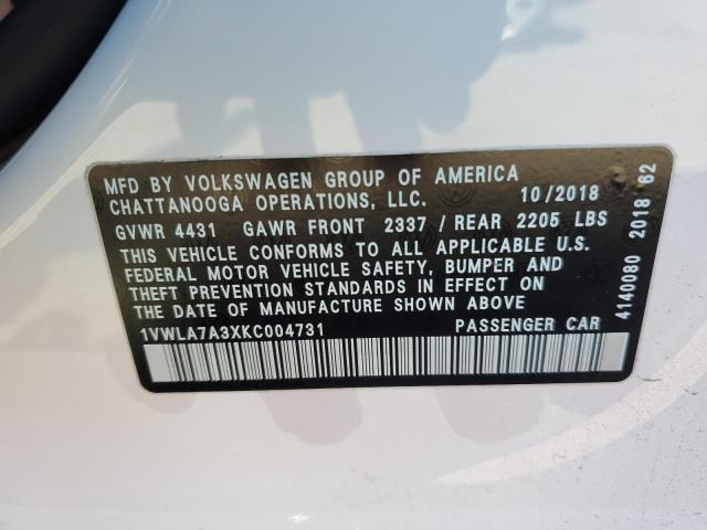 1VWLA7A3XKC004731 - 2019 VOLKSWAGEN PASSAT WOLFSBURG WHITE photo 12