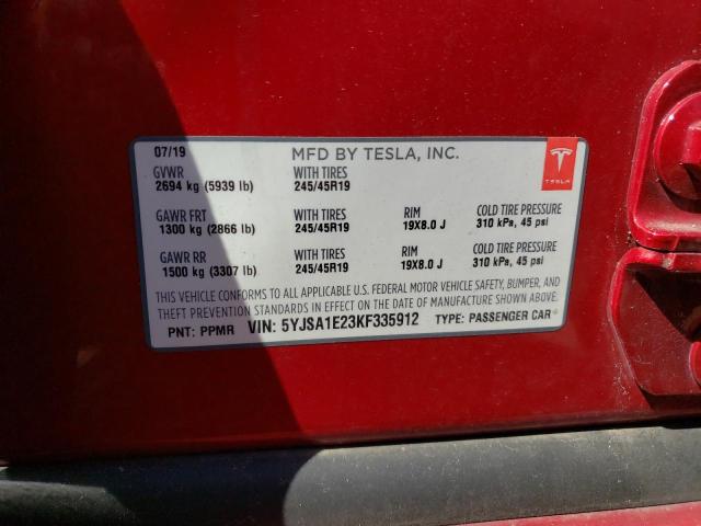5YJSA1E23KF335912 - 2019 TESLA MODEL S Qırmızı foto 12