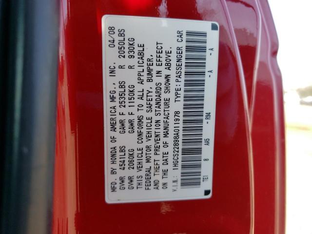 1HGCS22898A011978 - 2008 HONDA ACCORD EXL RED photo 12