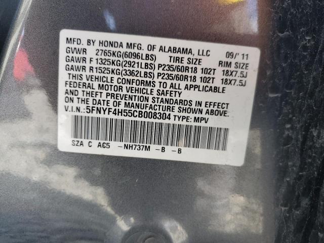 5FNYF4H55CB008304 - 2012 HONDA PILOT EXL GRAY photo 13