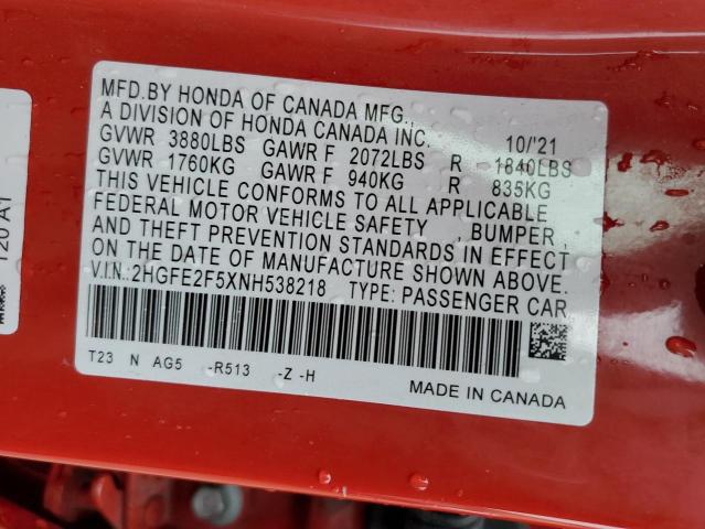 2HGFE2F5XNH538218 - 2022 HONDA CIVIC SPORT 红色 照片 12