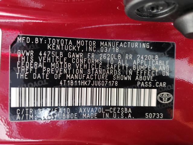 4T1B11HK7JU607178 - 2018 TOYOTA CAMRY L RED photo 12