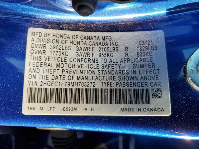 2HGFC1F79MH703272 - 2021 HONDA CIVIC EXL BLUE photo 13