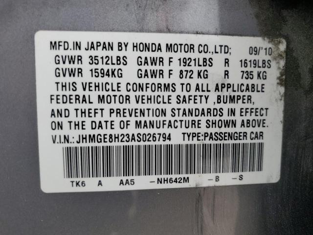 JHMGE8H23AS026794 - 2010 HONDA FIT GRAY photo 12