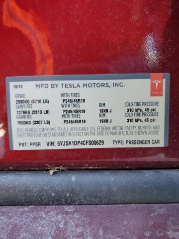 5YJSA1DP4CFS00629 - 2012 TESLA MODEL S წითელი ფოტო 13