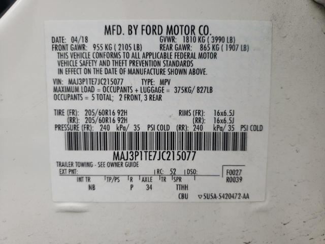 MAJ3P1TE7JC215077 - 2018 FORD ECOSPORT SE WHITE photo 13