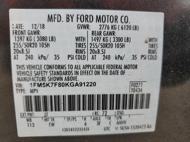 1FM5K7F80KGA91220 - 2019 FORD EXPLORER LIMITED GRAY photo 13