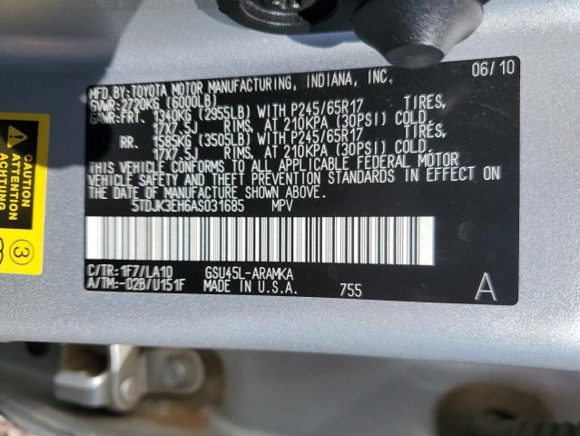 5TDJK3EH6AS031685 - 2010 TOYOTA HIGHLANDER SE SILVER photo 12