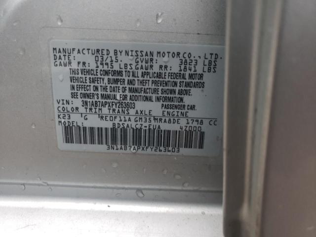 3N1AB7APXFY263603 - 2015 NISSAN SENTRA S SILVER photo 12