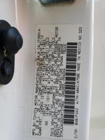 3TMJU4GN2CM137962 - 2012 TOYOTA TACOMA DOUBLE CAB PRERUNNER WHITE photo 12