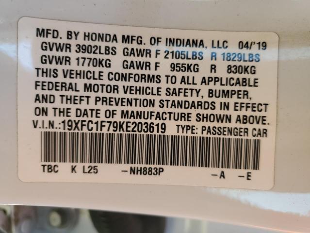 19XFC1F79KE203619 - 2019 HONDA CIVIC EXL Ağ foto 12