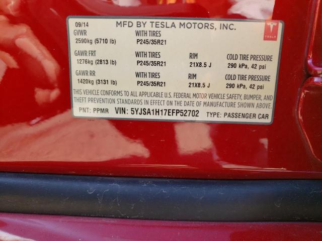 5YJSA1H17EFP52702 - 2014 TESLA MODEL S RED photo 13