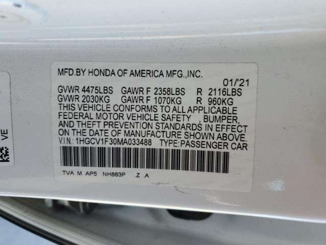 1HGCV1F30MA033488 - 2021 HONDA ACCORD SPORT WHITE photo 12