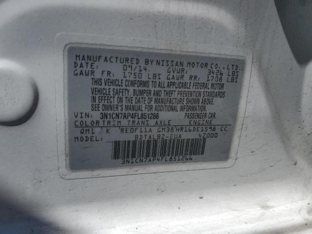 3N1CN7AP4FL851266 - 2015 NISSAN VERSA S WHITE photo 13