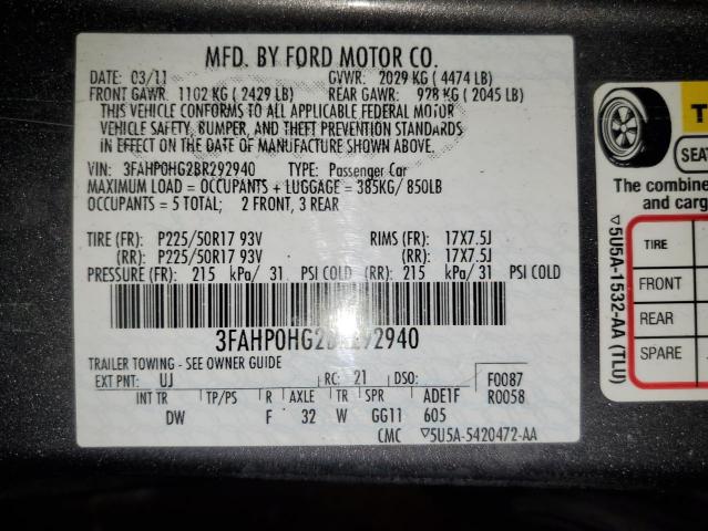 3FAHP0HG2BR292940 - 2011 FORD FUSION SE GRAY photo 12