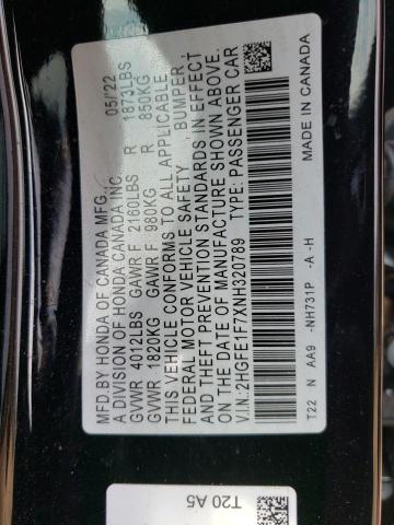2HGFE1F7XNH320789 - 2022 HONDA CIVIC EX BLACK photo 12
