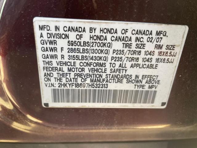 2HKYF18697H532313 - 2007 HONDA PILOT EXL MAROON photo 10