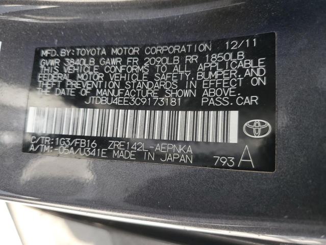 JTDBU4EE3C9173181 - 2012 TOYOTA COROLLA BASE CHARCOAL photo 12