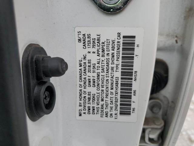 2HGFB2F7XFH548453 - 2015 HONDA CIVIC SE WHITE photo 13