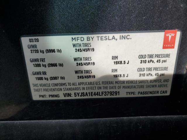 5YJSA1E44LF379291 - 2020 TESLA MODEL S Մոխրագույն լուսանկար 12