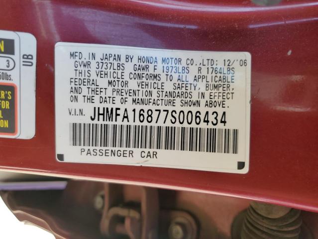 JHMFA16877S006434 - 2007 HONDA CIVIC EX RED photo 12