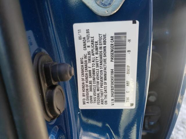 2HGFB2F59CH511064 - 2012 HONDA CIVIC LX BLUE photo 12